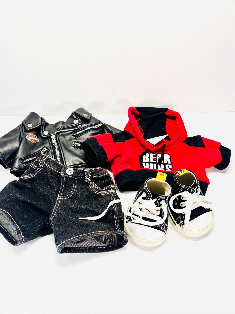 Build A Bear Harley-Davidson Faux Leather Jacket, Chain Jeans & Sneakers Set